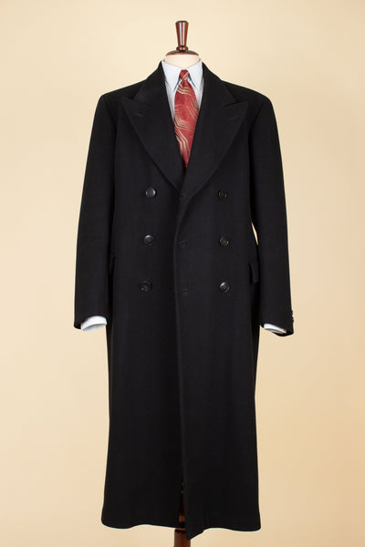 SWEDISH 1930S BLACK DOUBLE BREASTED OVERCOAT BY JUNEX. SIZE CA EU 46 LONG