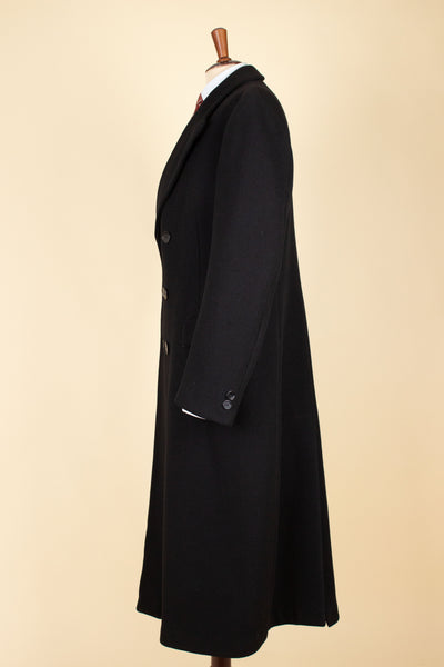 SWEDISH 1930S BLACK DOUBLE BREASTED OVERCOAT BY JUNEX. SIZE CA EU 46 LONG