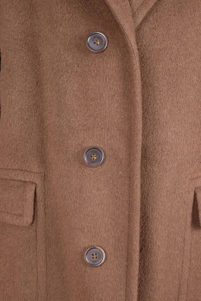AMERICAN 1950S CHOCOLATE BROWN CAMEL WOOL SINGLE BREASTED OVERCOAT. SIZE CA EU 46-48