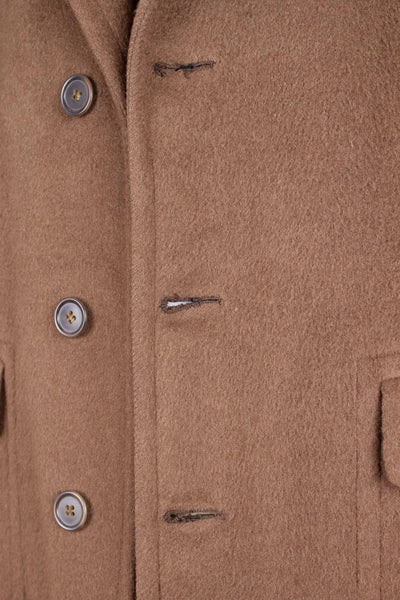 AMERICAN 1950S CHOCOLATE BROWN CAMEL WOOL SINGLE BREASTED OVERCOAT. SIZE CA EU 46-48