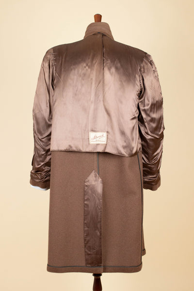 AMERICAN 1950S CHOCOLATE BROWN CAMEL WOOL SINGLE BREASTED OVERCOAT. SIZE CA EU 46-48