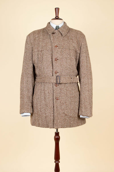 SWEDISH 1940S BROWN HERRINGBONE BELTED TWEED JACKET. SIZE CA EU 48