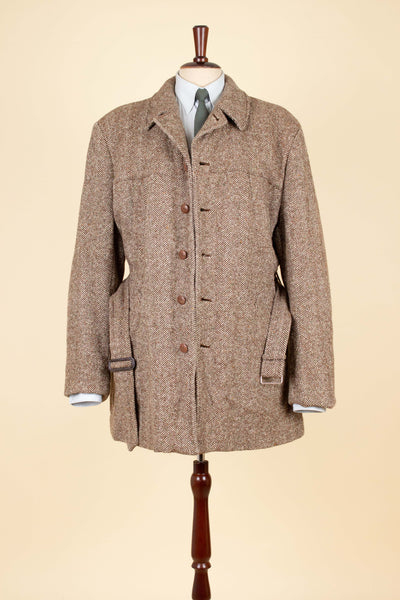 SWEDISH 1940S BROWN HERRINGBONE BELTED TWEED JACKET. SIZE CA EU 48