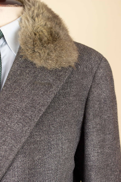 SWEDISH 1956 GREY HARRIS TWEED BESPOKE OVERCOAT WITH FUR COLLAR AND LINING. SIZE CA EU 44-46
