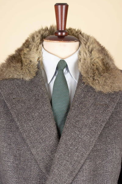 SWEDISH 1956 GREY HARRIS TWEED BESPOKE OVERCOAT WITH FUR COLLAR AND LINING. SIZE CA EU 44-46