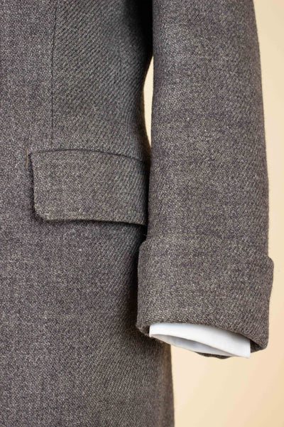 SWEDISH 1956 GREY HARRIS TWEED BESPOKE OVERCOAT WITH FUR COLLAR AND LINING. SIZE CA EU 44-46