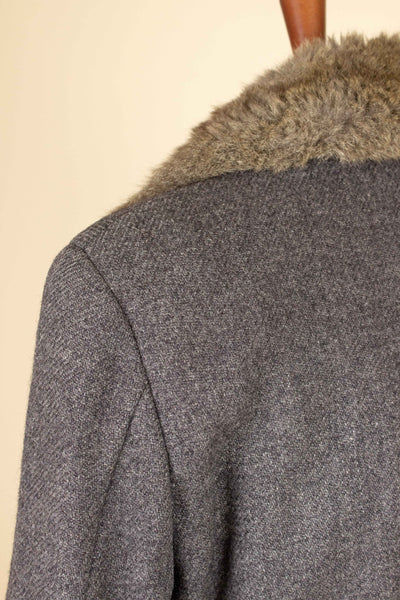 SWEDISH 1956 GREY HARRIS TWEED BESPOKE OVERCOAT WITH FUR COLLAR AND LINING. SIZE CA EU 44-46