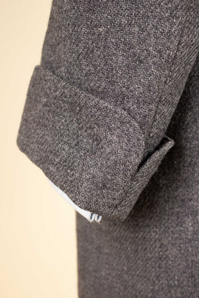 SWEDISH 1956 GREY HARRIS TWEED BESPOKE OVERCOAT WITH FUR COLLAR AND LINING. SIZE CA EU 44-46