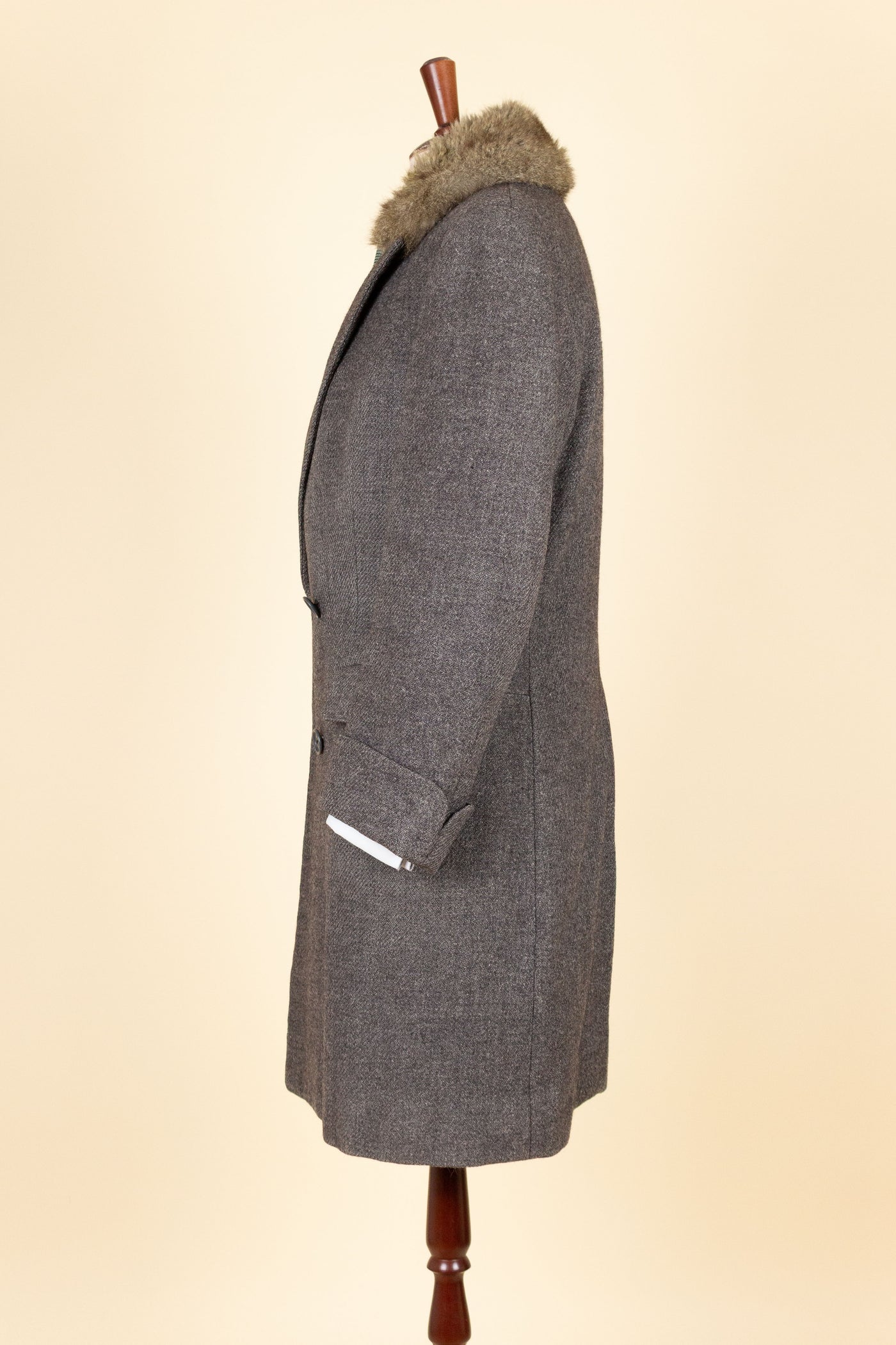 SWEDISH 1956 GREY HARRIS TWEED BESPOKE OVERCOAT WITH FUR COLLAR AND LINING. SIZE CA EU 44-46
