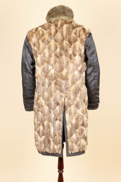 SWEDISH 1956 GREY HARRIS TWEED BESPOKE OVERCOAT WITH FUR COLLAR AND LINING. SIZE CA EU 44-46