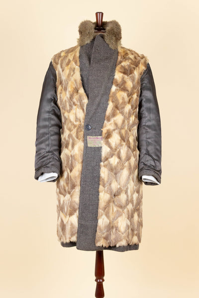 SWEDISH 1956 GREY HARRIS TWEED BESPOKE OVERCOAT WITH FUR COLLAR AND LINING. SIZE CA EU 44-46