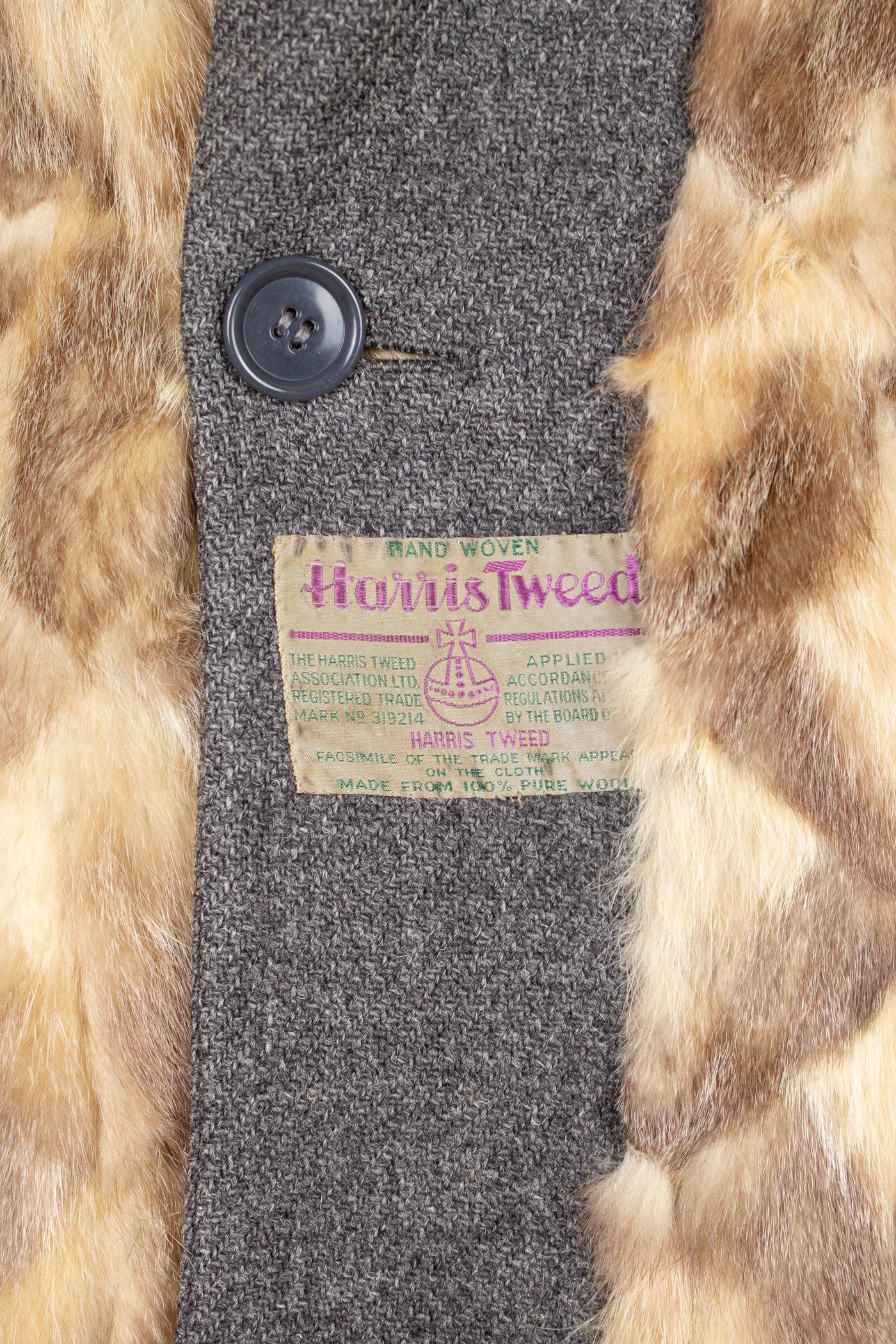 SWEDISH 1956 GREY HARRIS TWEED BESPOKE OVERCOAT WITH FUR COLLAR AND LINING. SIZE CA EU 44-46