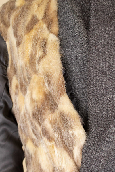 SWEDISH 1956 GREY HARRIS TWEED BESPOKE OVERCOAT WITH FUR COLLAR AND LINING. SIZE CA EU 44-46