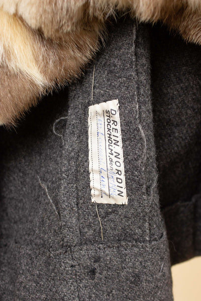 SWEDISH 1956 GREY HARRIS TWEED BESPOKE OVERCOAT WITH FUR COLLAR AND LINING. SIZE CA EU 44-46
