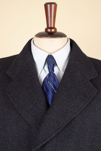 SWEDISH 1940S/1950S DARK GREY HERRINGBONE SINGLE BREASTED OVERCOAT BY ELSON. SIZE CA 48 SHORT