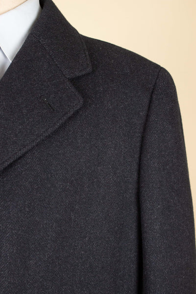 SWEDISH 1940S/1950S DARK GREY HERRINGBONE SINGLE BREASTED OVERCOAT BY ELSON. SIZE CA 48 SHORT