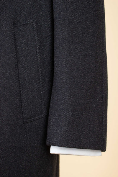 SWEDISH 1940S/1950S DARK GREY HERRINGBONE SINGLE BREASTED OVERCOAT BY ELSON. SIZE CA 48 SHORT