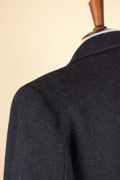SWEDISH 1940S/1950S DARK GREY HERRINGBONE SINGLE BREASTED OVERCOAT BY ELSON. SIZE CA 48 SHORT