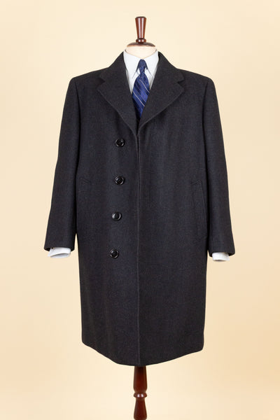 SWEDISH 1940S/1950S DARK GREY HERRINGBONE SINGLE BREASTED OVERCOAT BY ELSON. SIZE CA 48 SHORT