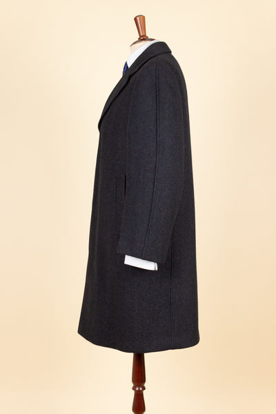 SWEDISH 1940S/1950S DARK GREY HERRINGBONE SINGLE BREASTED OVERCOAT BY ELSON. SIZE CA 48 SHORT