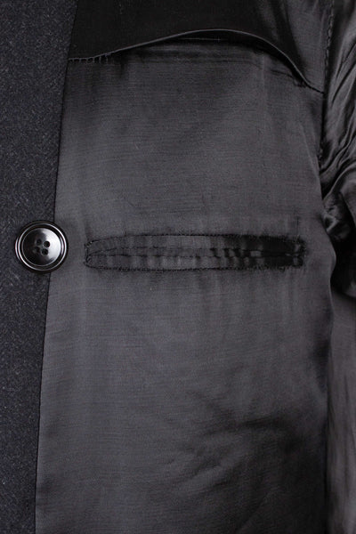 SWEDISH 1940S/1950S DARK GREY HERRINGBONE SINGLE BREASTED OVERCOAT BY ELSON. SIZE CA 48 SHORT