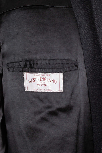 SWEDISH 1940S/1950S DARK GREY HERRINGBONE SINGLE BREASTED OVERCOAT BY ELSON. SIZE CA 48 SHORT