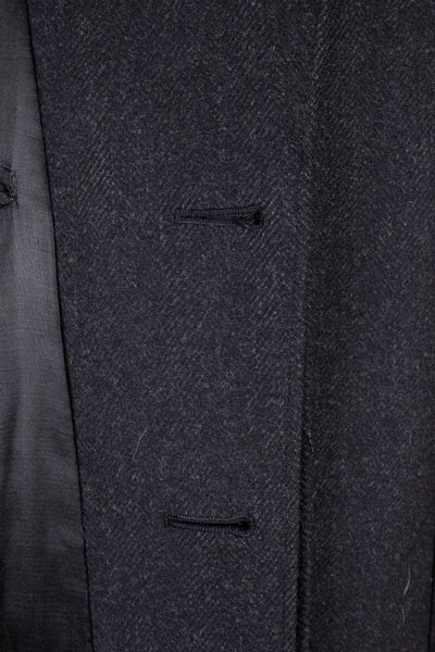 SWEDISH 1940S/1950S DARK GREY HERRINGBONE SINGLE BREASTED OVERCOAT BY ELSON. SIZE CA 48 SHORT