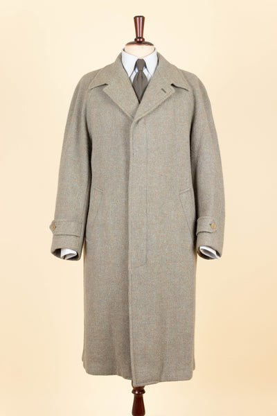 BRITISH 1940S/1950S GREEN-GREY HARRIS TWEED OVERCOAT BY TRENT. SIZE CA EU 46