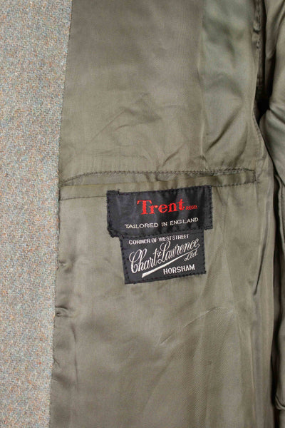 BRITISH 1940S/1950S GREEN-GREY HARRIS TWEED OVERCOAT BY TRENT. SIZE CA EU 46