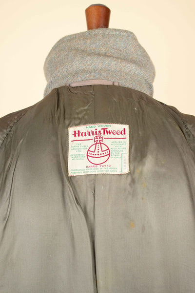 BRITISH 1940S/1950S GREEN-GREY HARRIS TWEED OVERCOAT BY TRENT. SIZE CA EU 46