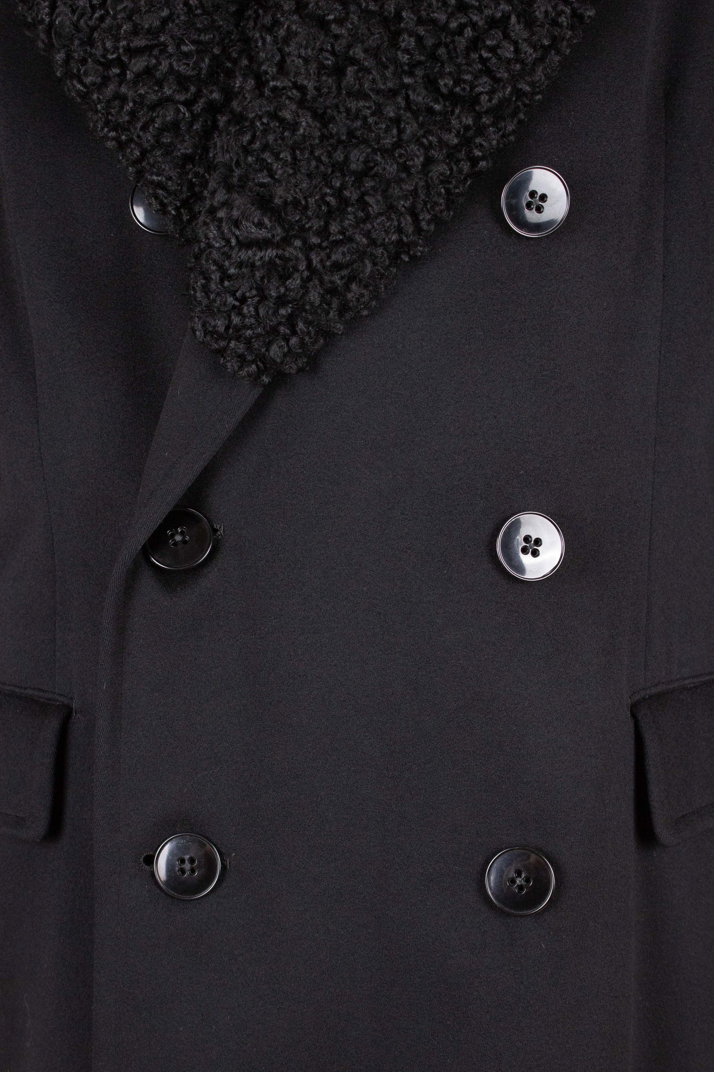 1920S/1930S BLACK DOUBLE BREASTED PERSIAN COLLAR OVERCOAT BY MOLIN & MÖCKLIN. SIZE CA EU 46