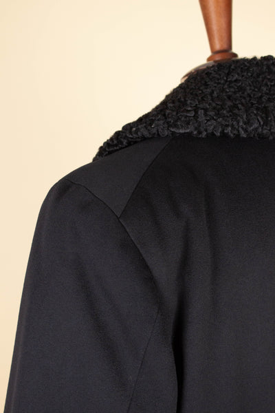 1920S/1930S BLACK DOUBLE BREASTED PERSIAN COLLAR OVERCOAT BY MOLIN & MÖCKLIN. SIZE CA EU 46