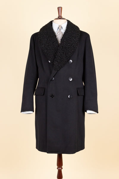 1920S/1930S BLACK DOUBLE BREASTED PERSIAN COLLAR OVERCOAT BY MOLIN & MÖCKLIN. SIZE CA EU 46