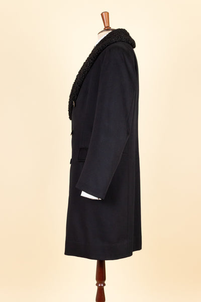 1920S/1930S BLACK DOUBLE BREASTED PERSIAN COLLAR OVERCOAT BY MOLIN & MÖCKLIN. SIZE CA EU 46