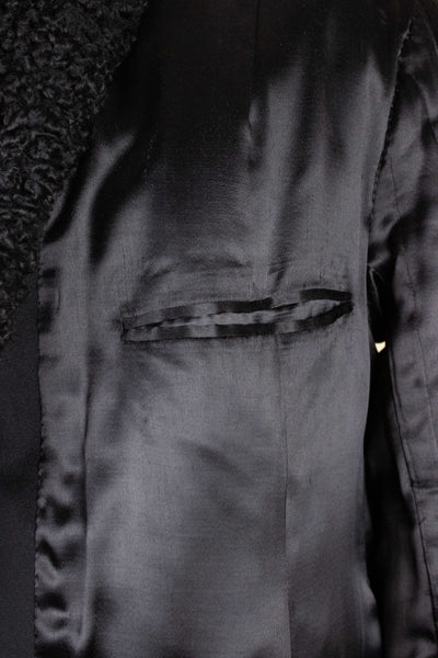 1920S/1930S BLACK DOUBLE BREASTED PERSIAN COLLAR OVERCOAT BY MOLIN & MÖCKLIN. SIZE CA EU 46