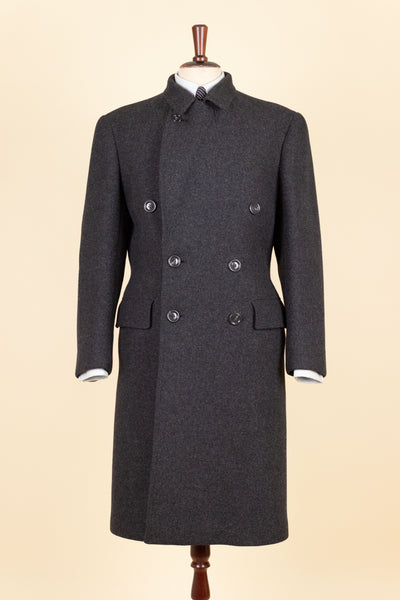 SWEDISH 1940S/1950S DARK GREY DOUBLE BREASTED OVERCOAT BY CARL AXEL. SIZE CA EU 44-46