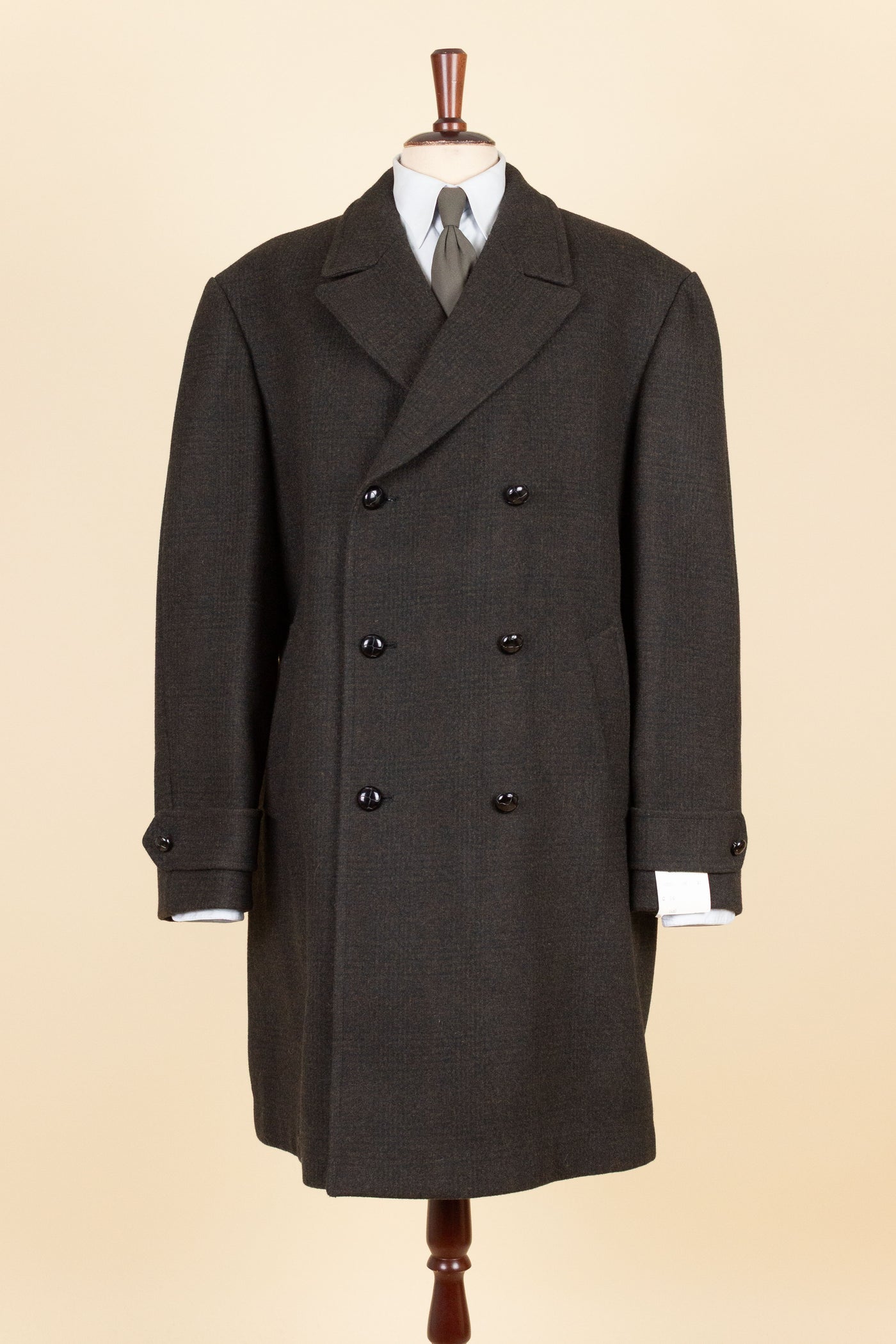 SWEDISH 1950S BROWN CHECKERED DEADSTOCK OVERCOAT BY ALGOTS. SIZE CA EU 56