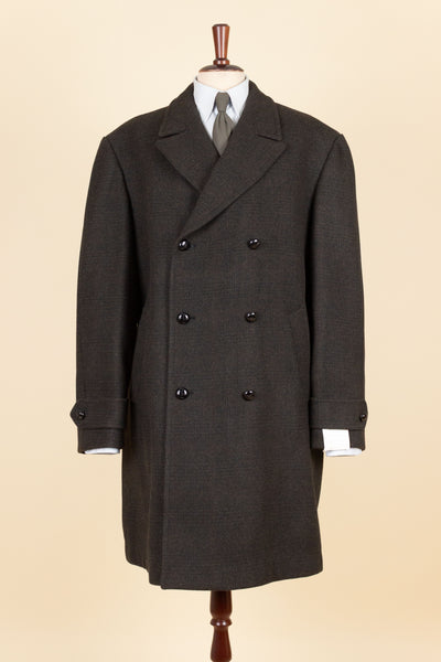 SWEDISH 1950S BROWN CHECKERED DEADSTOCK OVERCOAT BY ALGOTS. SIZE CA EU 56