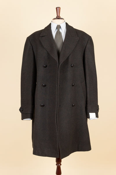 SWEDISH 1950S BROWN CHECKERED DEADSTOCK OVERCOAT BY ALGOTS. SIZE CA EU 56