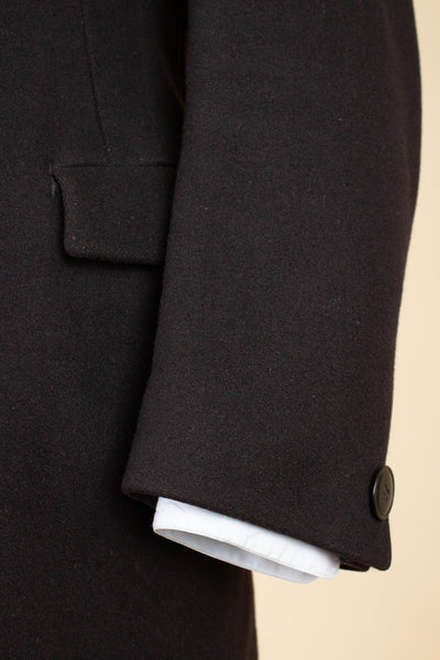 SWEDISH 1930S BLACK DOUBLE BREASTED OVERCOAT BY JOHN LARSSON. SIZE CA EU 46 LONG