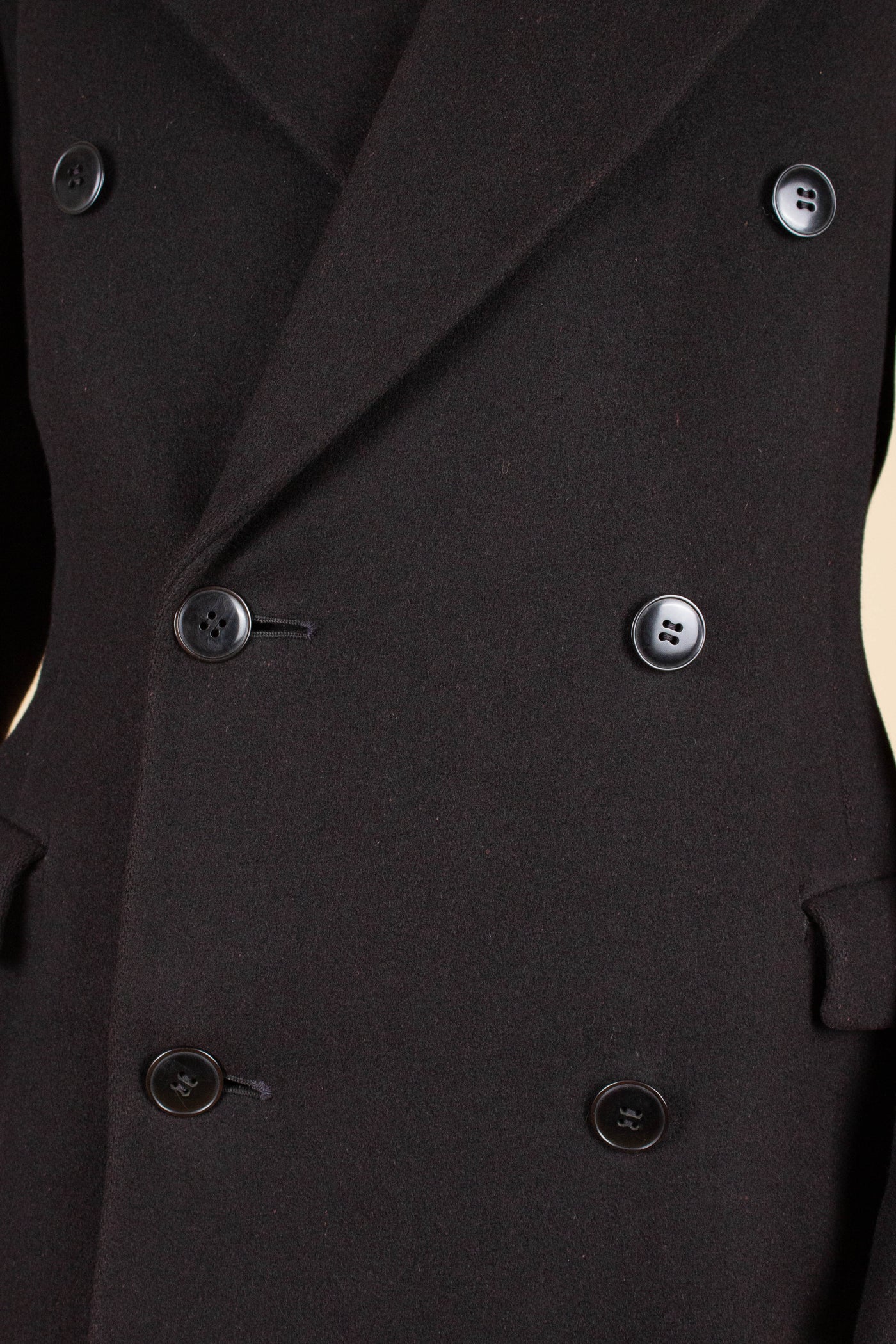 SWEDISH 1930S BLACK DOUBLE BREASTED OVERCOAT BY JOHN LARSSON. SIZE CA EU 46 LONG