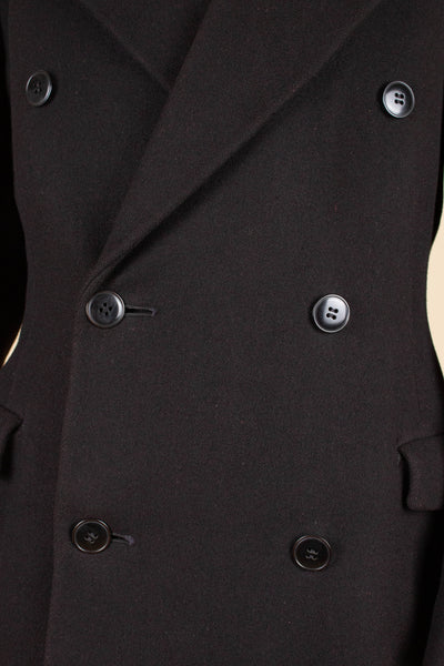 SWEDISH 1930S BLACK DOUBLE BREASTED OVERCOAT BY JOHN LARSSON. SIZE CA EU 46 LONG