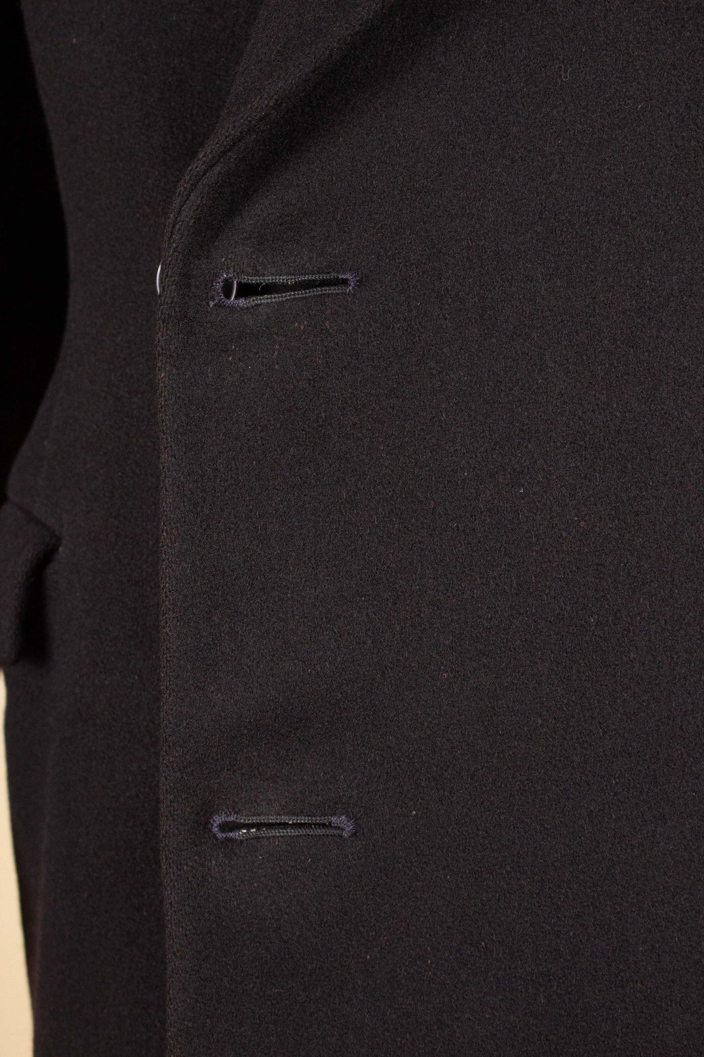 SWEDISH 1930S BLACK DOUBLE BREASTED OVERCOAT BY JOHN LARSSON. SIZE CA EU 46 LONG