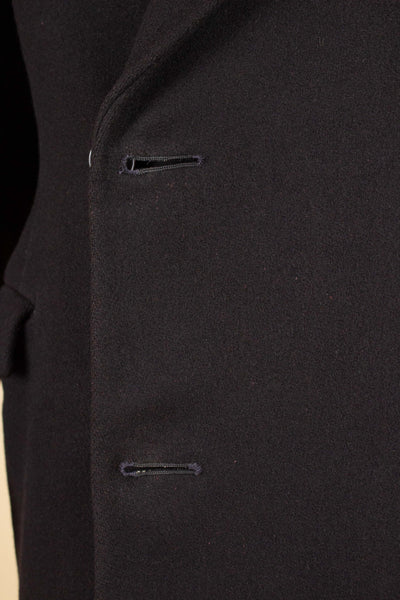 SWEDISH 1930S BLACK DOUBLE BREASTED OVERCOAT BY JOHN LARSSON. SIZE CA EU 46 LONG