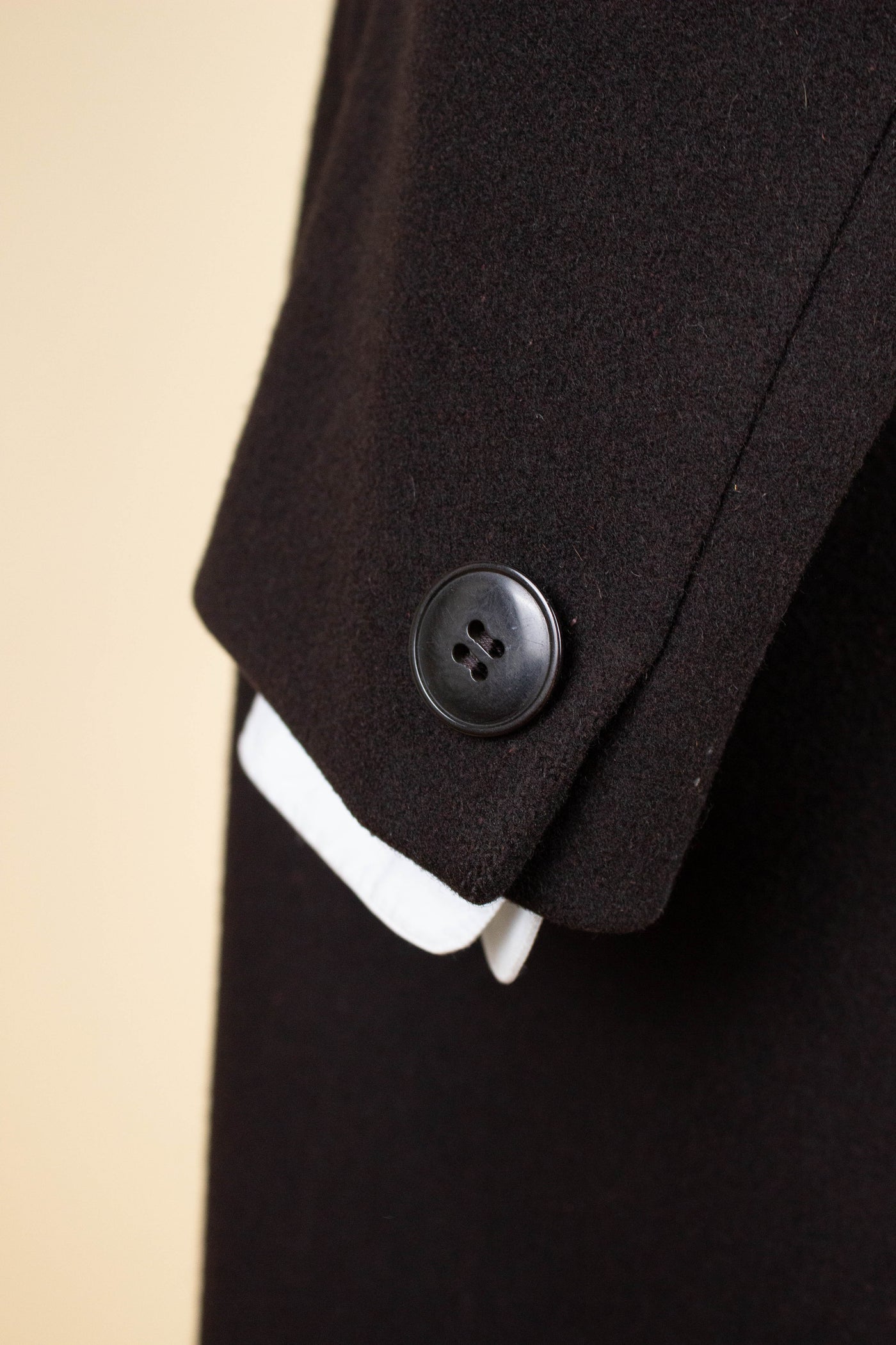 SWEDISH 1930S BLACK DOUBLE BREASTED OVERCOAT BY JOHN LARSSON. SIZE CA EU 46 LONG