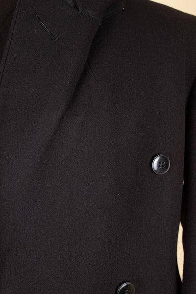 SWEDISH 1930S BLACK DOUBLE BREASTED OVERCOAT BY JOHN LARSSON. SIZE CA EU 46 LONG
