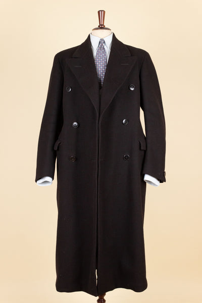 SWEDISH 1930S BLACK DOUBLE BREASTED OVERCOAT BY JOHN LARSSON. SIZE CA EU 46 LONG
