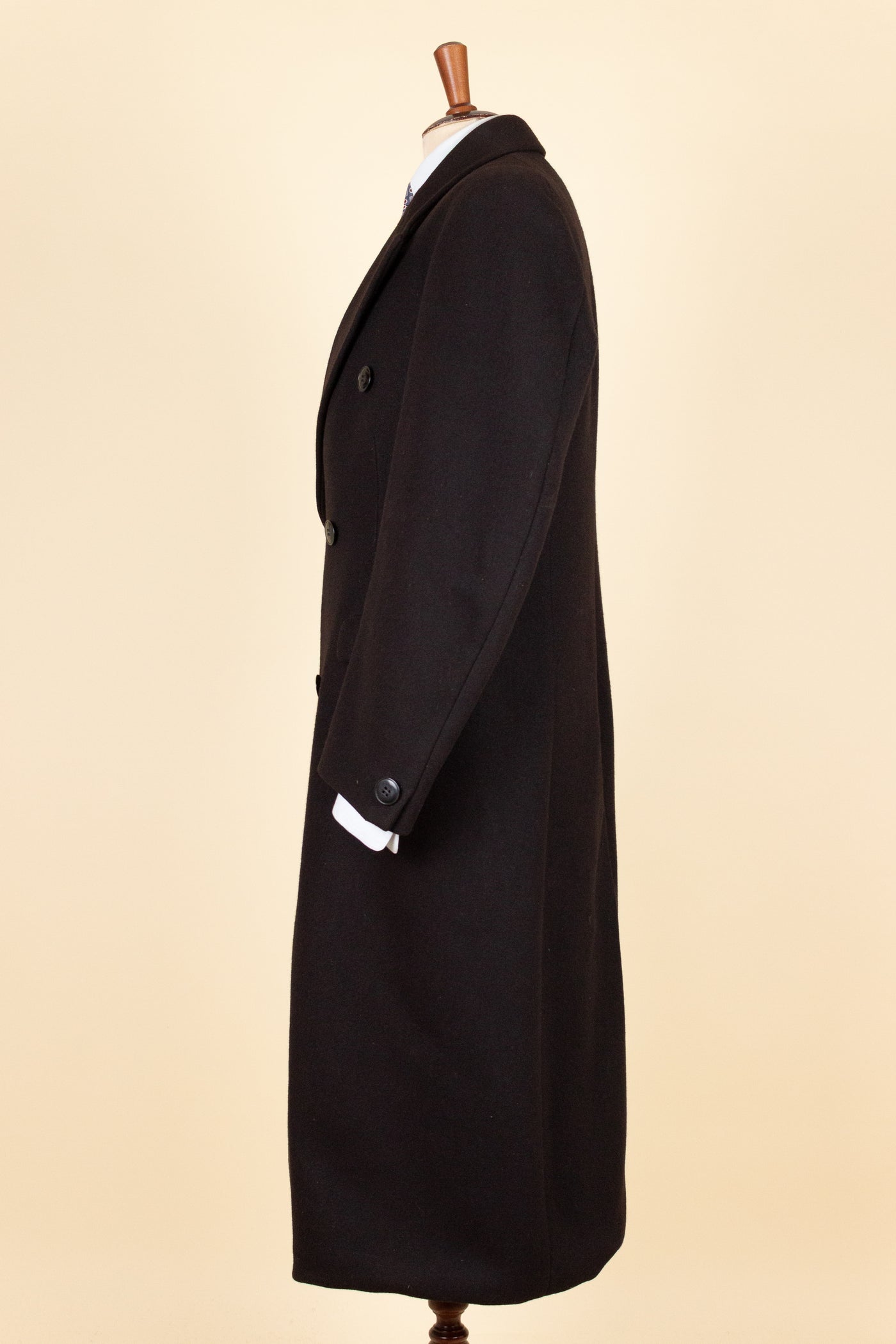 SWEDISH 1930S BLACK DOUBLE BREASTED OVERCOAT BY JOHN LARSSON. SIZE CA EU 46 LONG