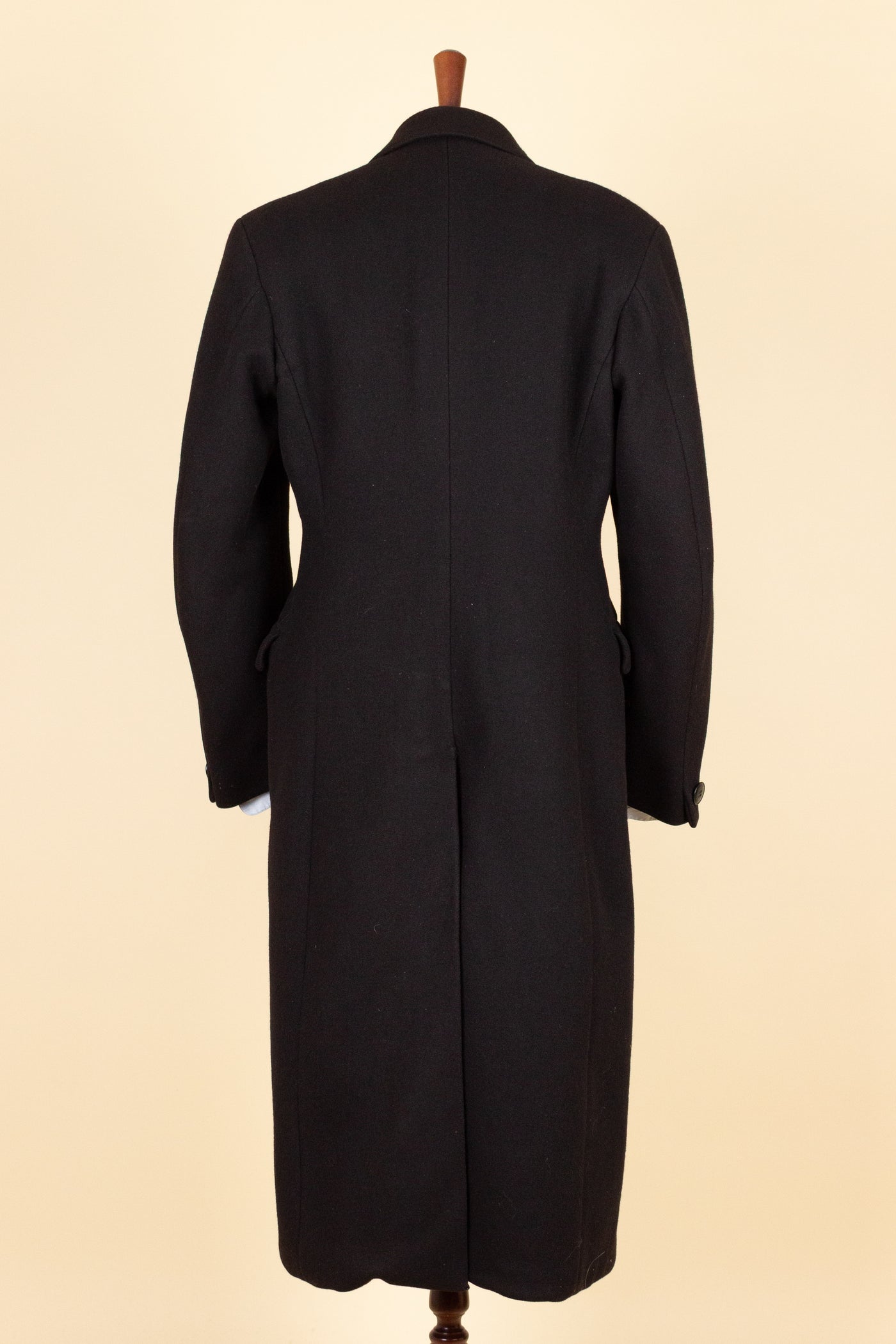 SWEDISH 1930S BLACK DOUBLE BREASTED OVERCOAT BY JOHN LARSSON. SIZE CA EU 46 LONG