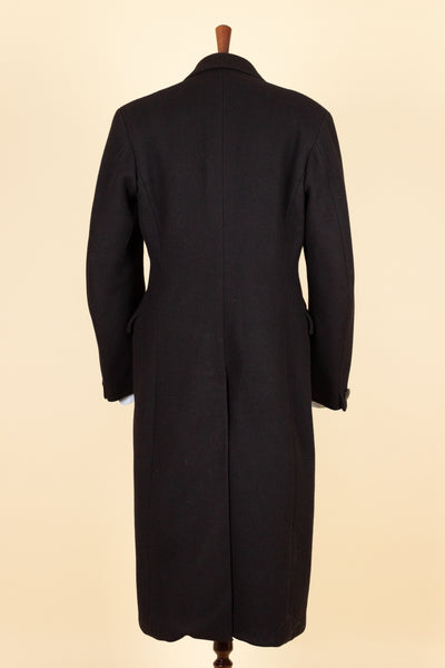 SWEDISH 1930S BLACK DOUBLE BREASTED OVERCOAT BY JOHN LARSSON. SIZE CA EU 46 LONG